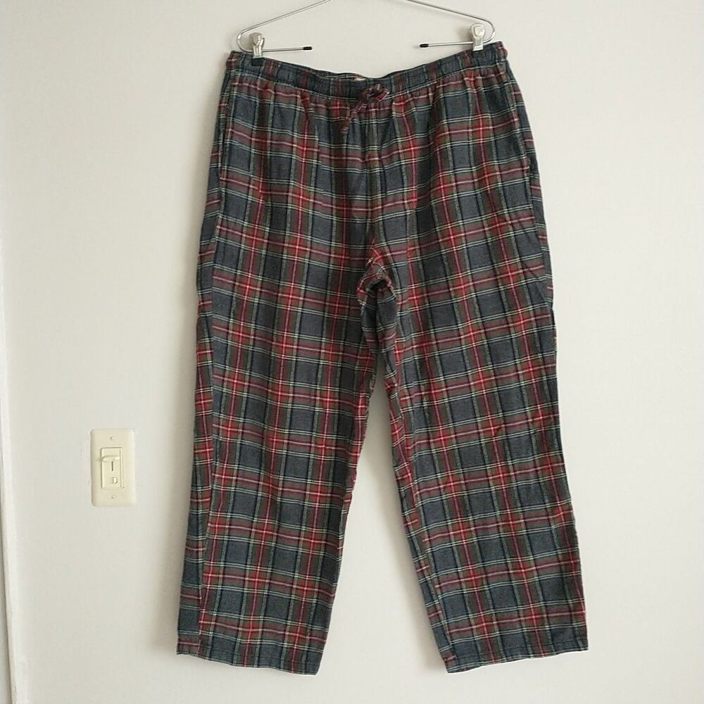 LL Bean Flannel Pajama Pants Womens XL Gray Red Plaid Cotton Pockets Loungewear